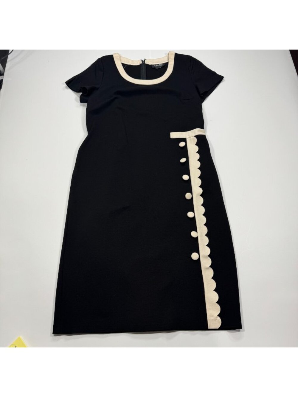 Ashro Dress Women's L Black Polyester Pencil Contrast Trim Button Detail Stretch